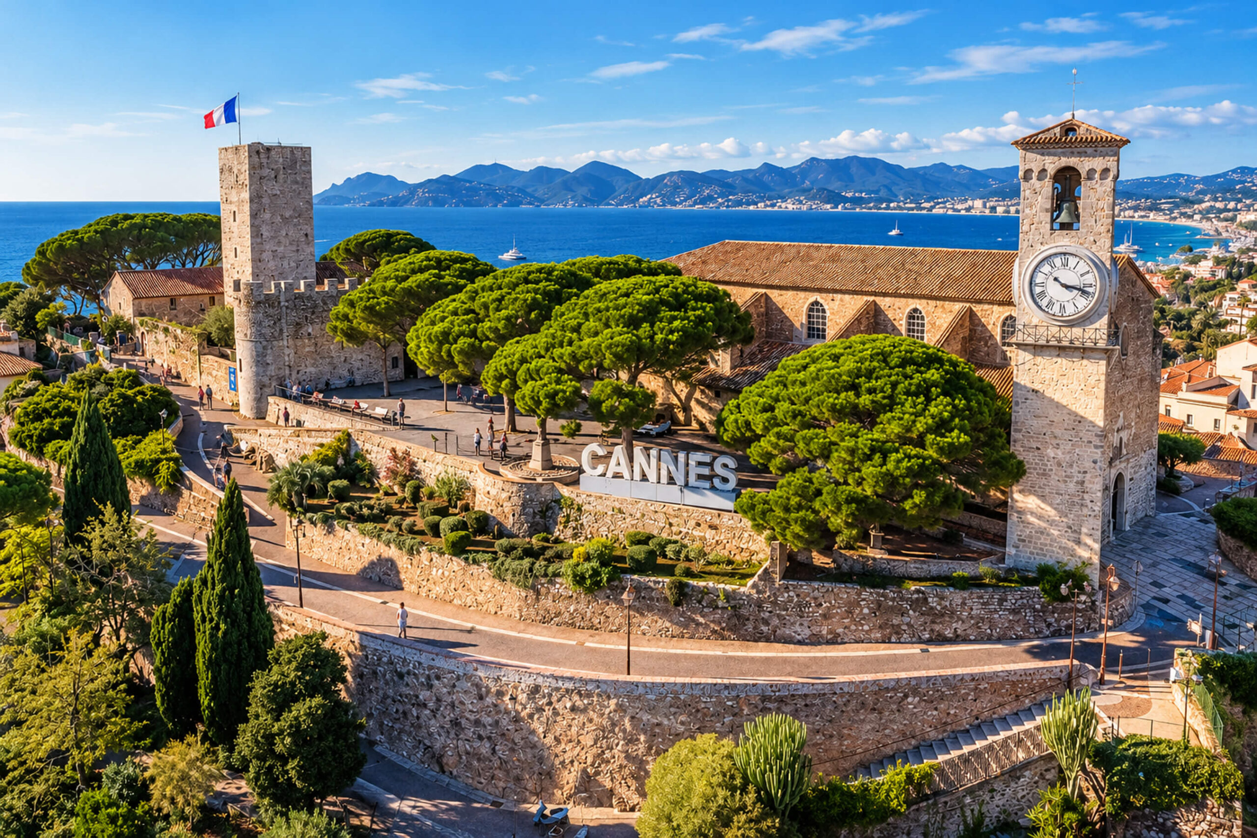 Le Suquet, vieille ville de Cannes : tour médiévale, clocher à horloge, lettres CANNES et baie en contrebas