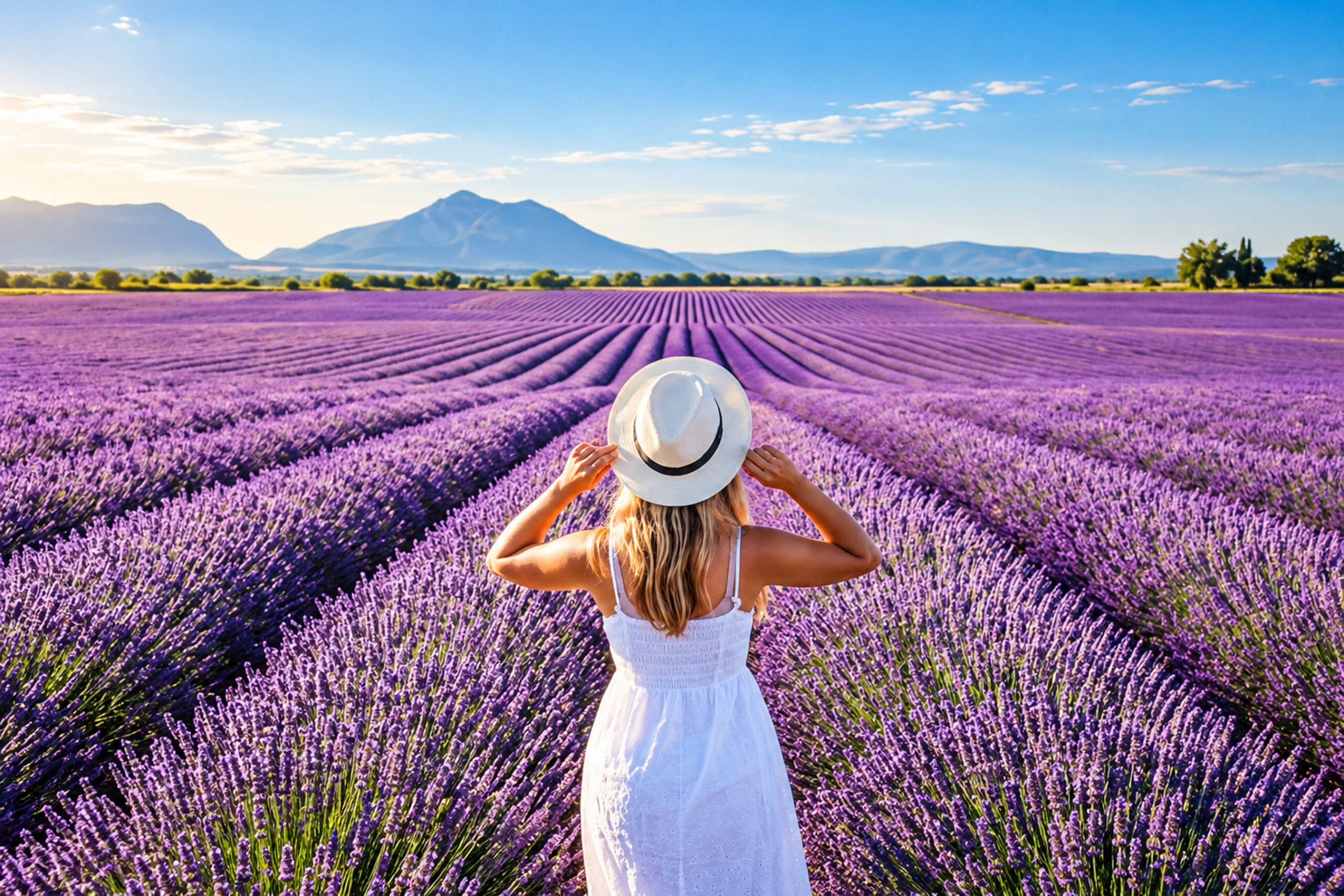 Femme en robe blanche et chapeau face aux rangs de lavande à perte de vue, plateau de Valensole