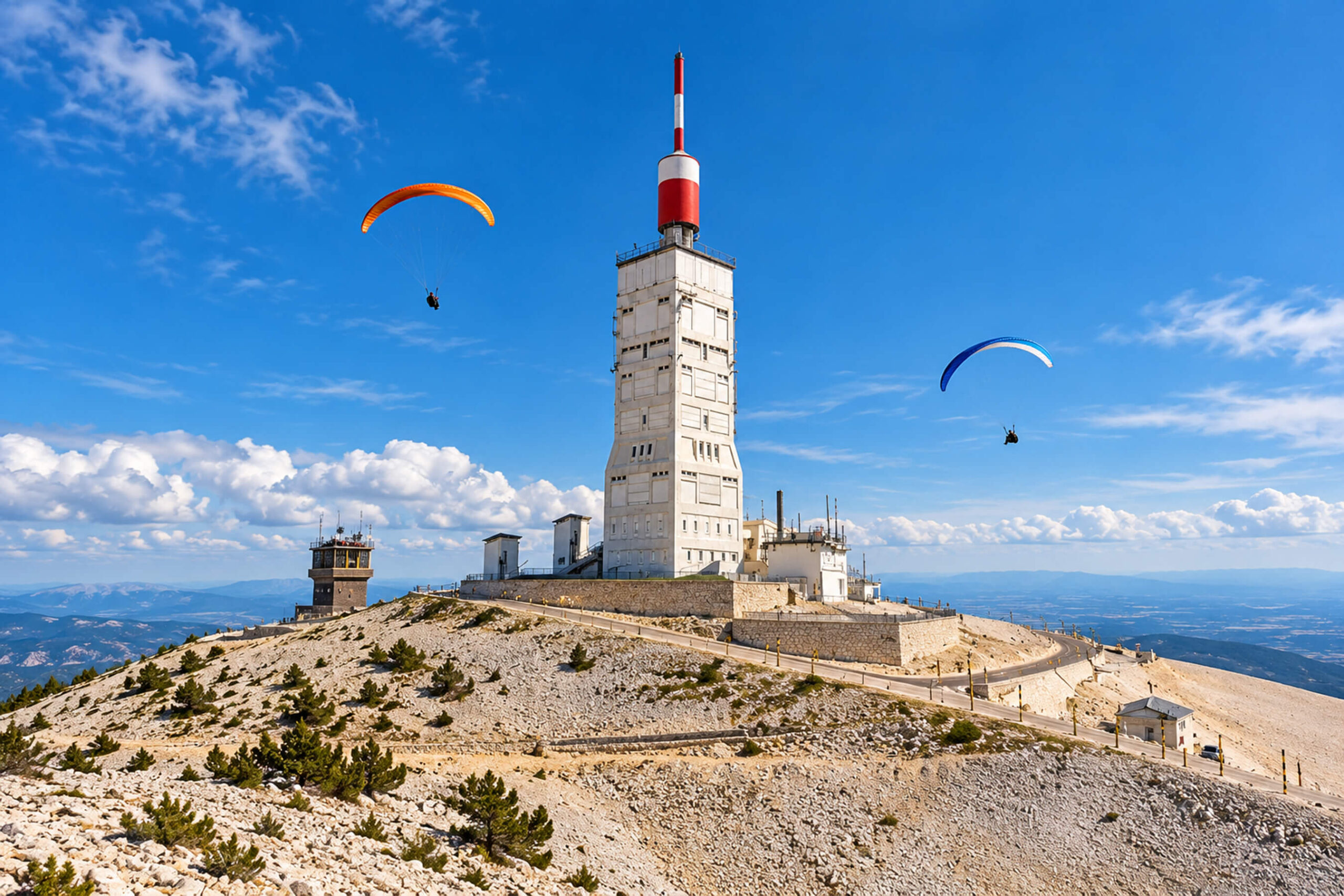 Tour à antenne rouge et blanche au sommet du mont Ventoux, deux parapentes dans le ciel bleu