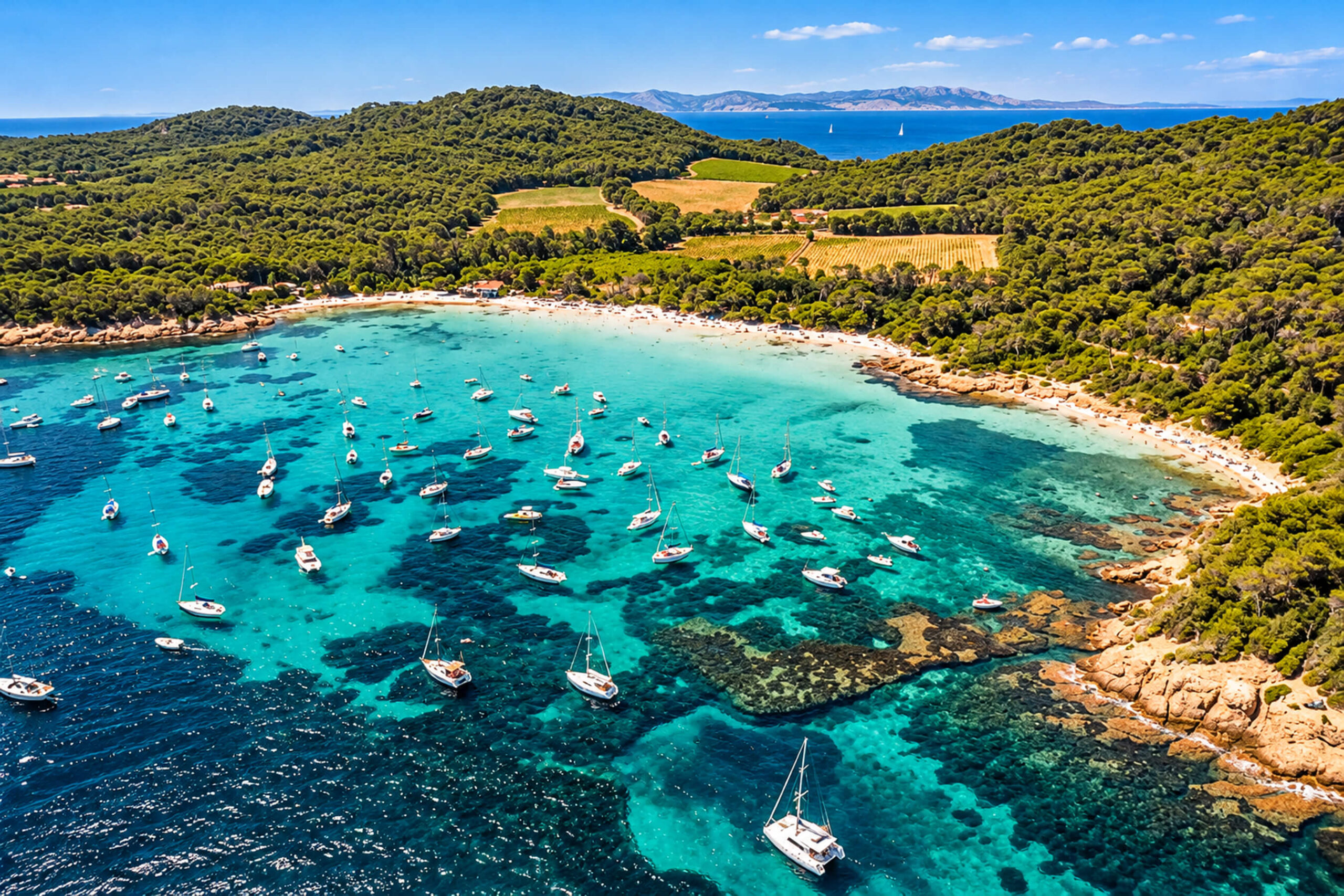 Vue aérienne d’une baie turquoise aux nombreux voiliers au mouillage, plage de sable et pinède, îles d’Hyères