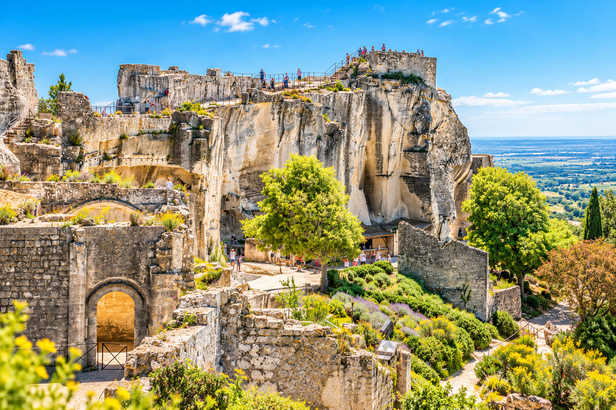 Ruines du château des Baux-de-Provence sur leur éperon rocheux, porte voûtée et végétation
