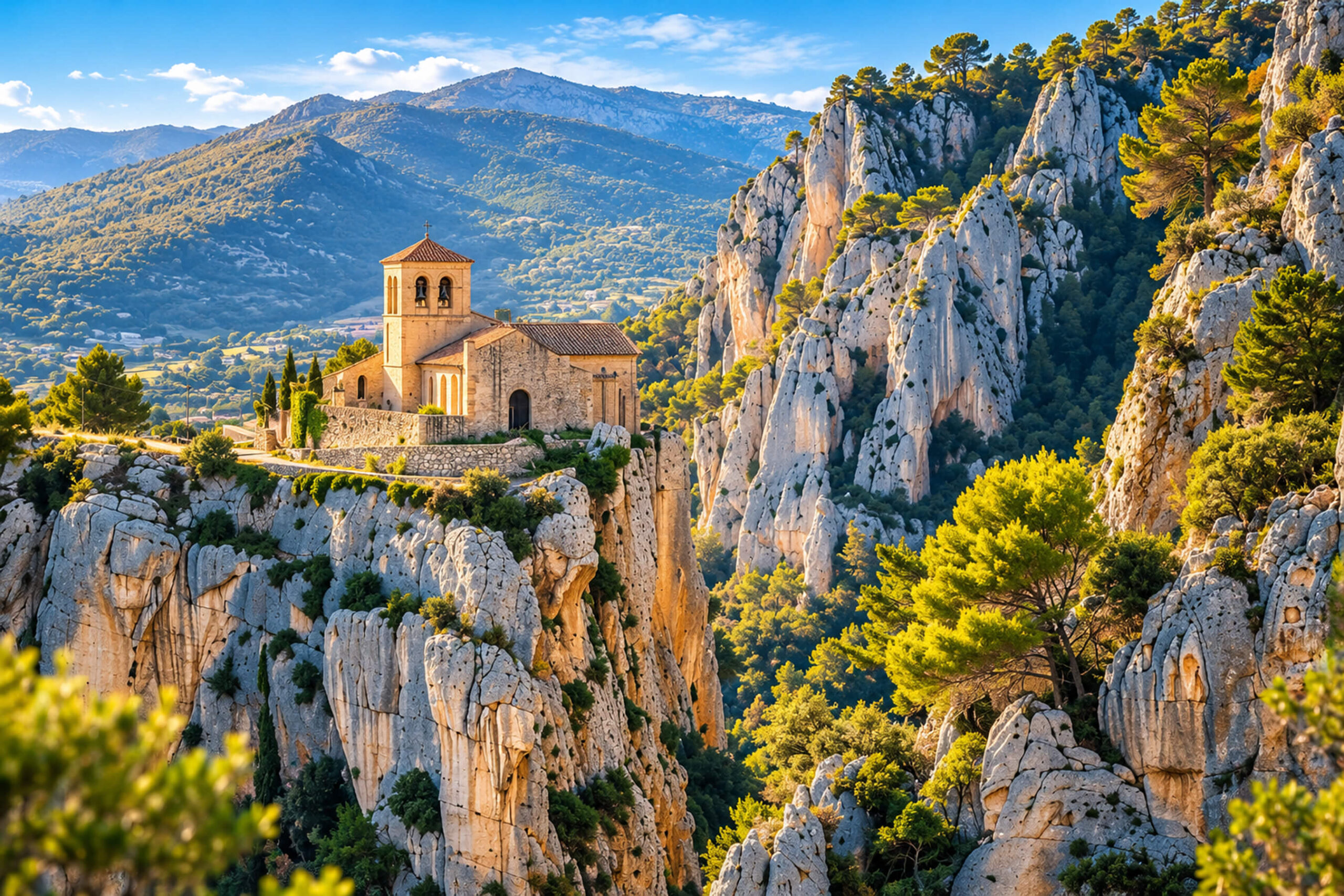 Chapelle Notre-Dame-de-Beauvoir sur une corniche entre les falaises calcaires de Moustiers-Sainte-Marie