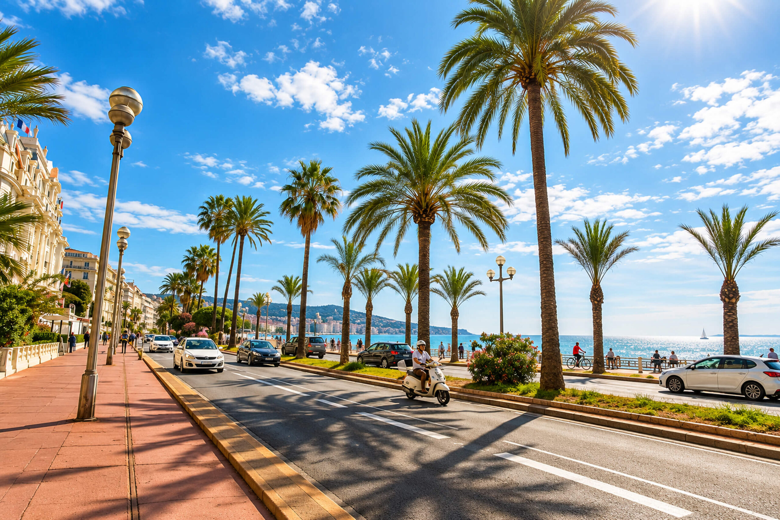 Promenade bordée de palmiers et de lampadaires le long de la mer, scooter sur la chaussée ensoleillée, à Nice
