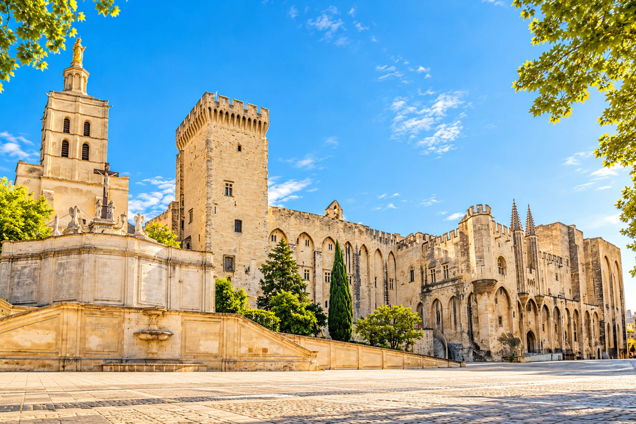 Façade gothique du palais des Papes et ses tours crénelées, clocher de Notre-Dame-des-Doms à gauche