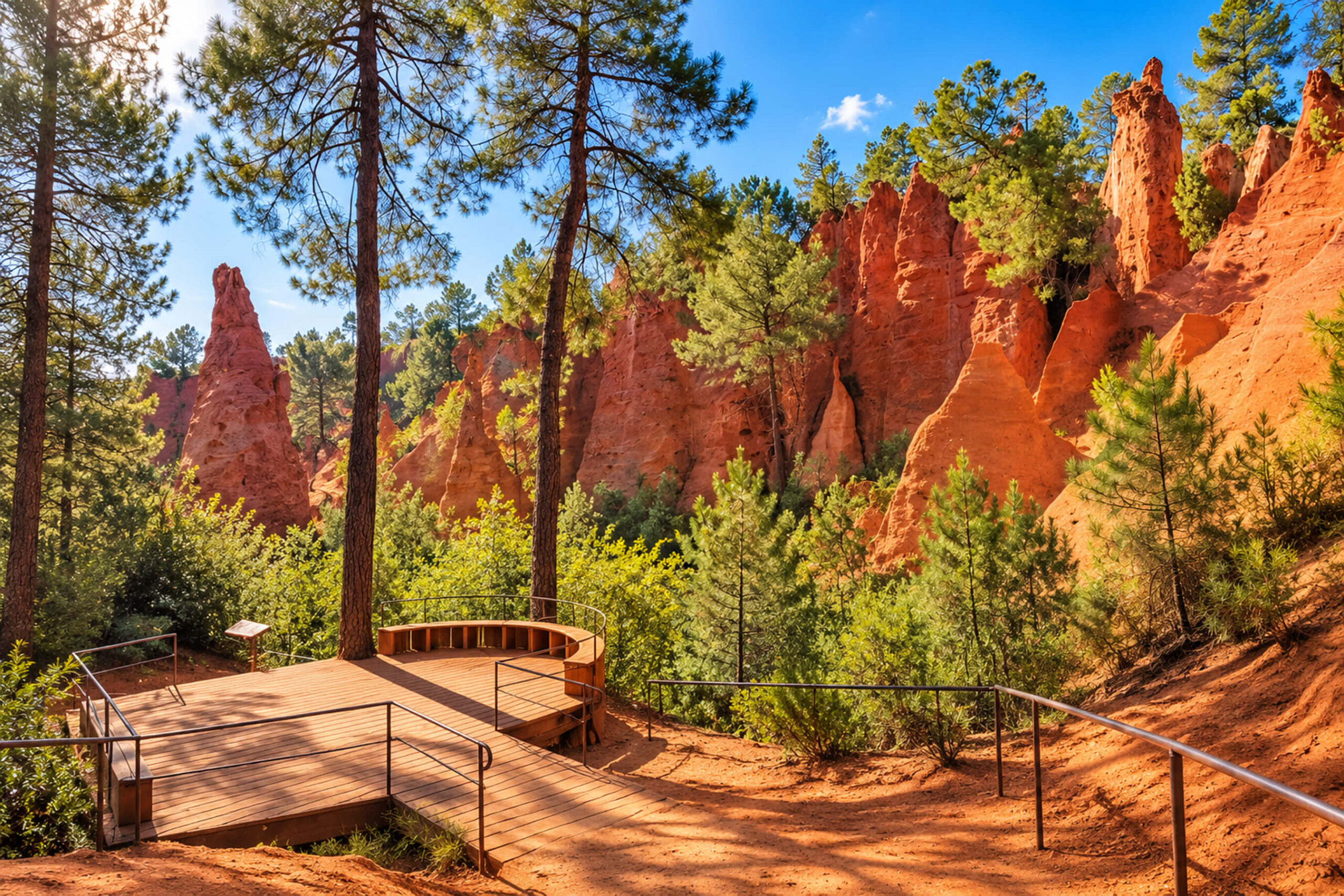 Aiguilles d’ocre rouge entre les pins et belvédère en bois sur le sentier des ocres, à Roussillon