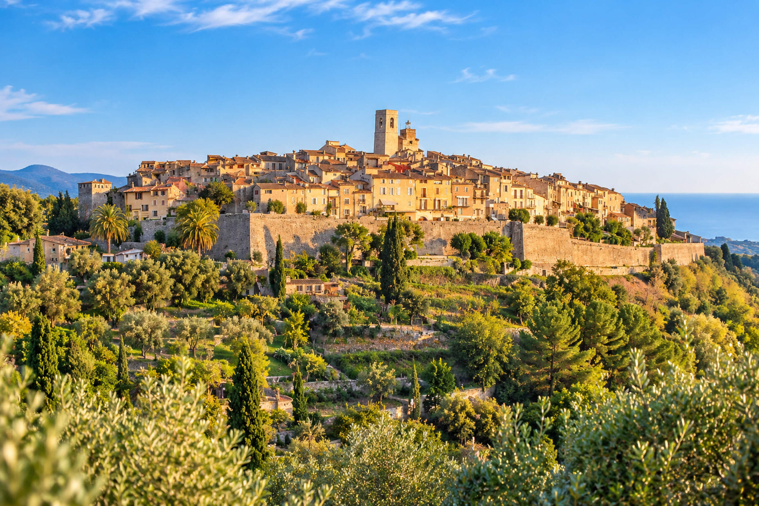 Saint-Paul-de-Vence sur sa colline, ses remparts et son clocher au milieu des oliviers et des pins