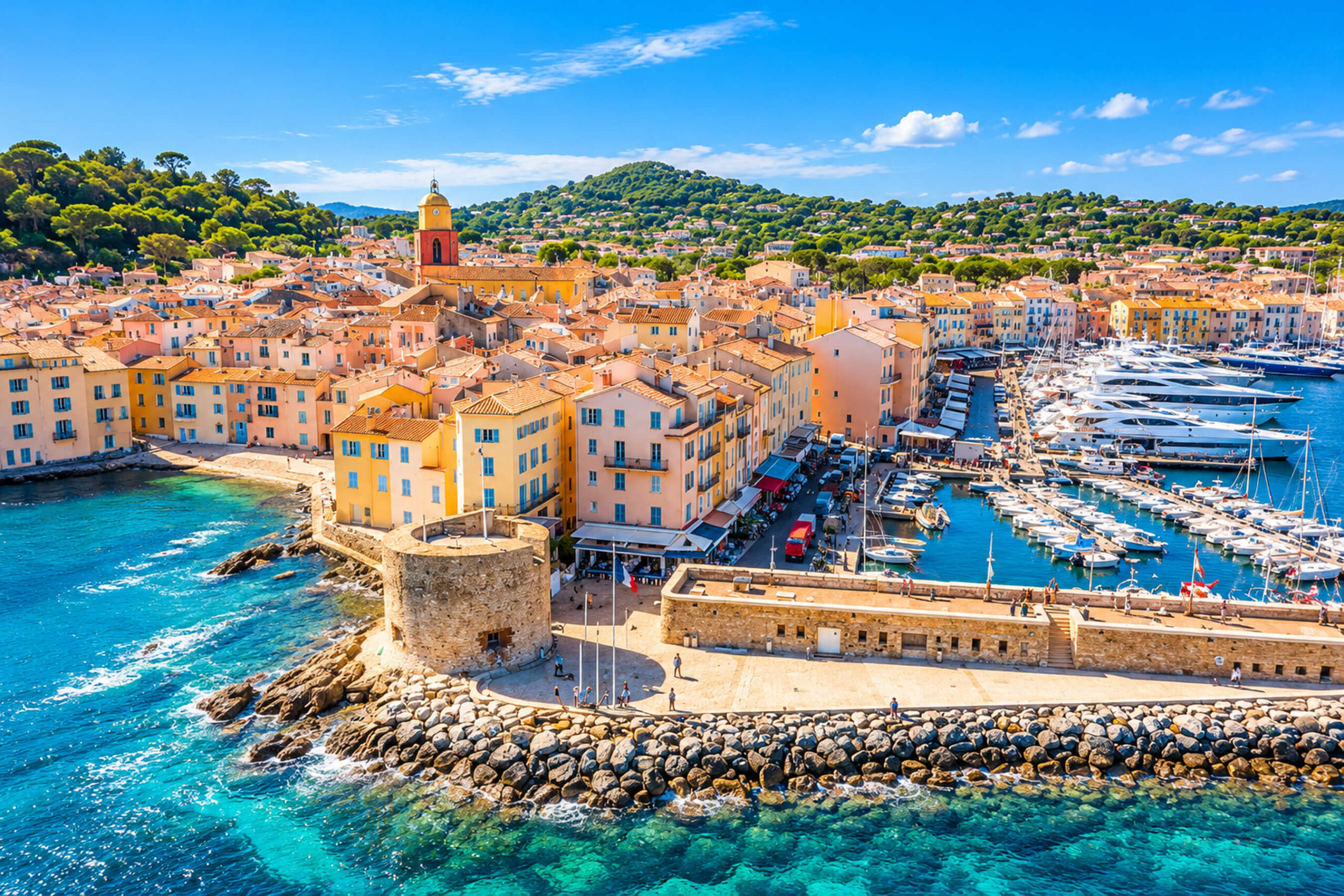 Port de Saint-Tropez et ses yachts, façades pastel, clocher et tour du Portalet sur la jetée